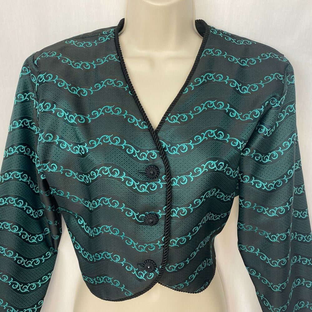 Banjo of Dallas Bolero Jacket S Womens Black Blue Stripe Satin Cropped Vintage - Picture 3 of 8